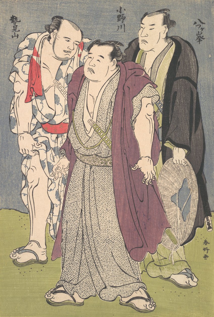 Trzej zapaśnicy sumo: Onogawa, Seimiyama i Yatsugamine, ca. 1790. autorstwa Katsukawa Shunko