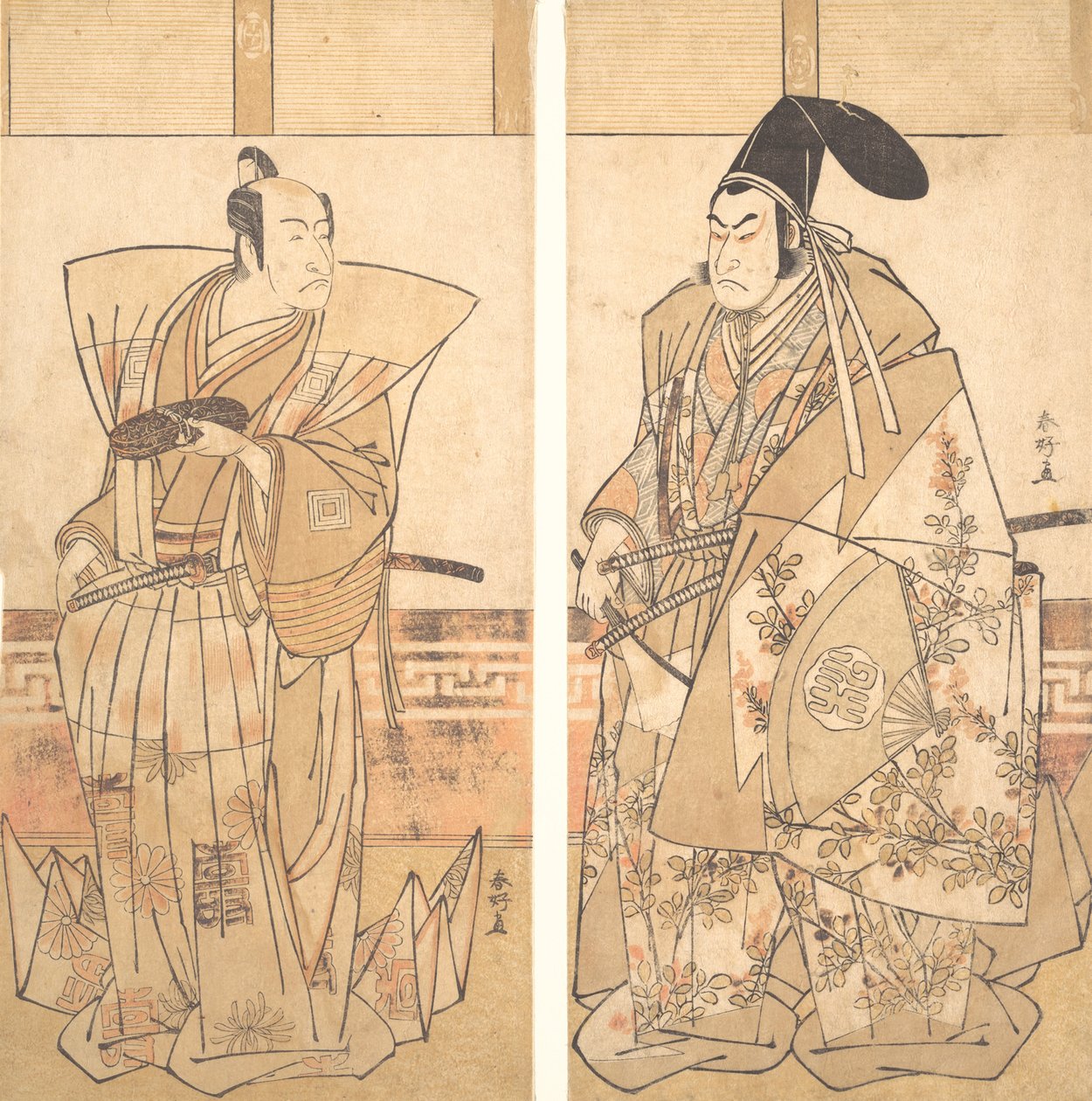 Dwóch aktorów ubranych w stroje ceremonialne, ca. 1787. autorstwa Katsukawa Shunko
