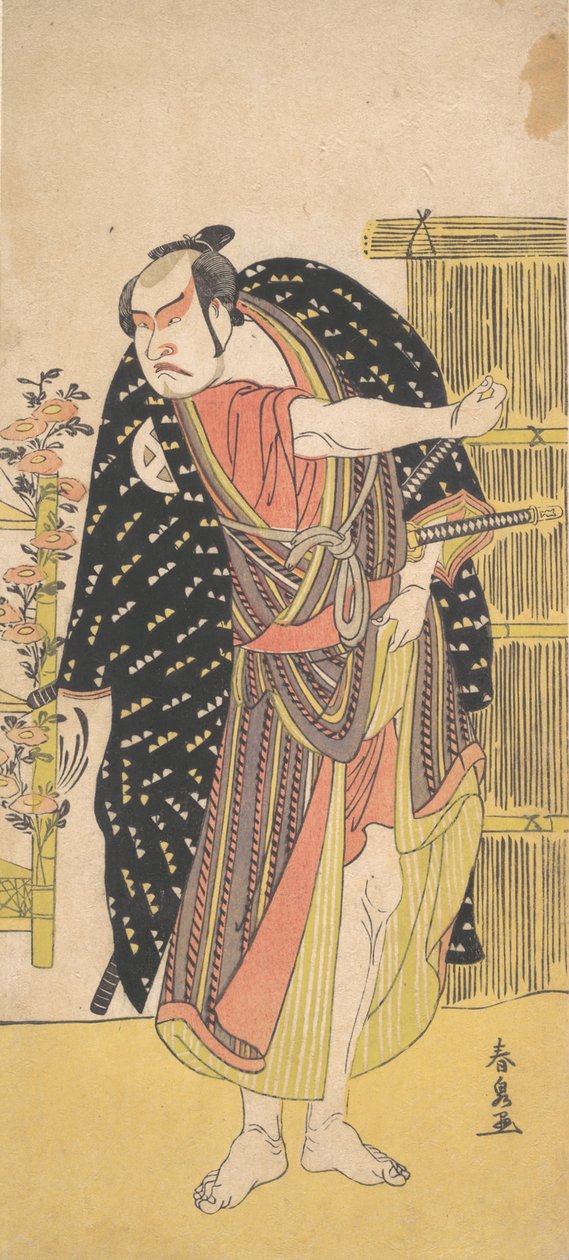Trzeci Otani Hiroji jako samuraj stojący przy wysokim płocie, ok. godz. 1785. autorstwa Katsukawa Shunsen