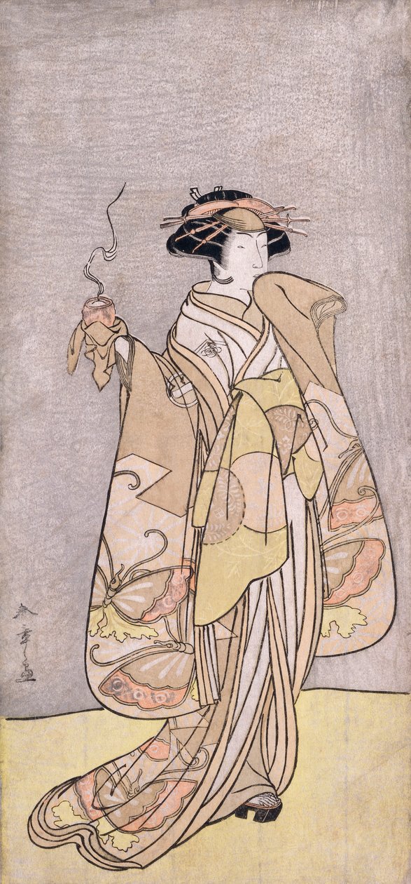 Pełnowymiarowy portret aktora Ichikawy Monnosuke II w roli kobiecej trzymającej kadzidło (kolorowy drzeworyt) autorstwa Katsukawa Shunsho