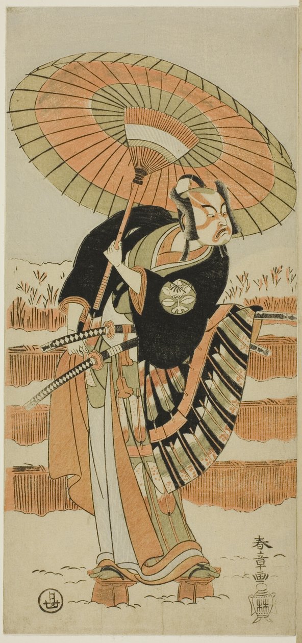 Aktorzy Ichimura Uzaemon IX jako Kajiwara Genta no Kagetoki (po lewej), Segawa Kikunojô II jako Yuki Onna (w środku) i Arashi Sangorô II jako Minamoto no Yoritomo (po prawej) w filmie "Bawełniana wata z Izu chroniąca małżeńskie chryzantemy" ("Miyoto-giku I autorstwa Katsukawa Shunsho