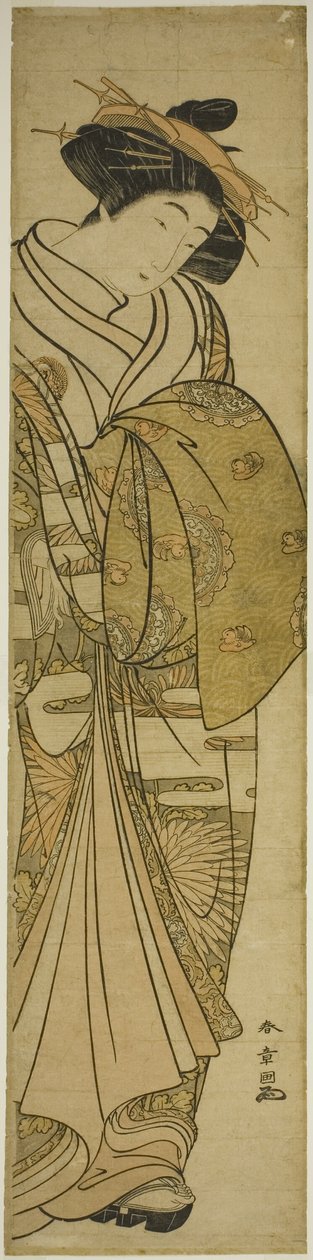 Kurtyzana ubrana w kimono w chryzantemy autorstwa Katsukawa Shunsho