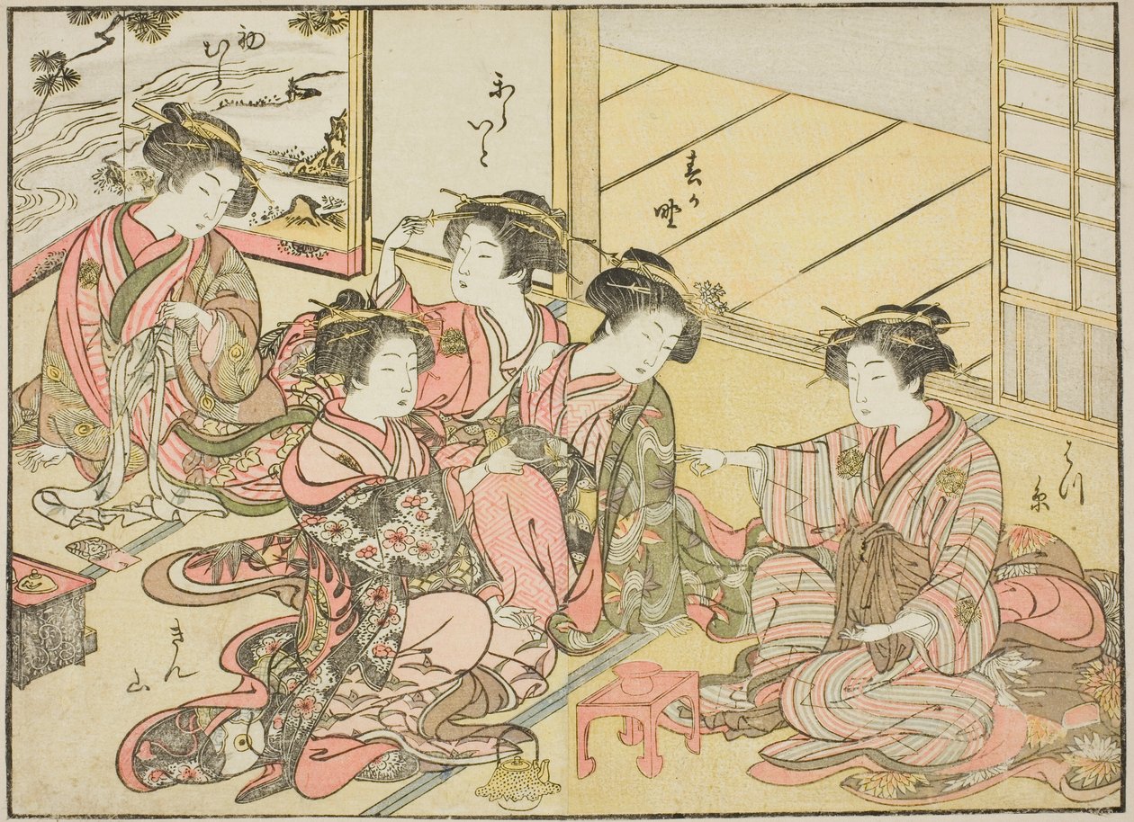 Kurtyzany Gakuiseya, z książki „Zwierciadło pięknych kobiet z dzielnic przyjemności (Seiro bijin awase sugata kagami),” tom. 1 autorstwa Katsukawa Shunsho