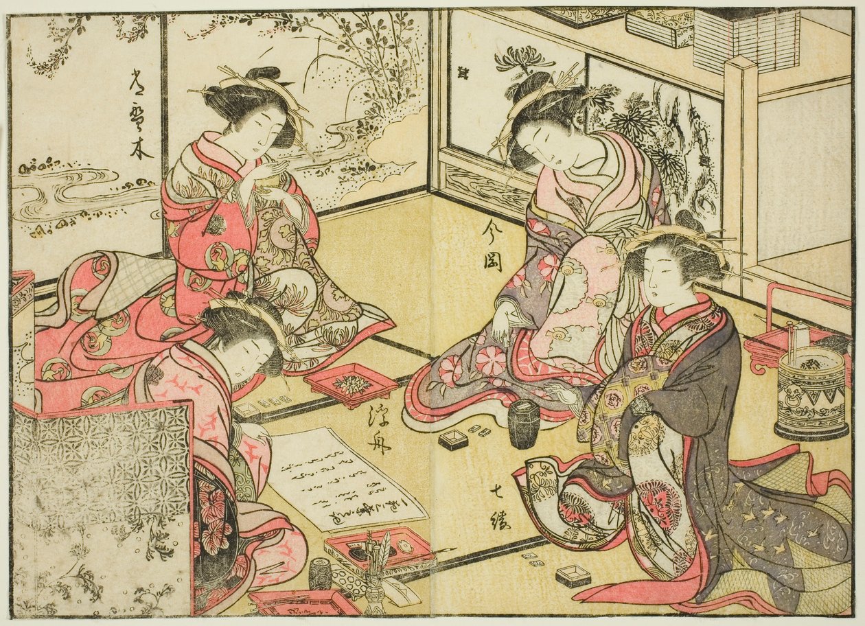 Kurtyzany Kadokaneya, z książki „Zwierciadło pięknych kobiet z dzielnic przyjemności (Seiro bijin awase sugata kagami),” tom. 2 autorstwa Katsukawa Shunsho