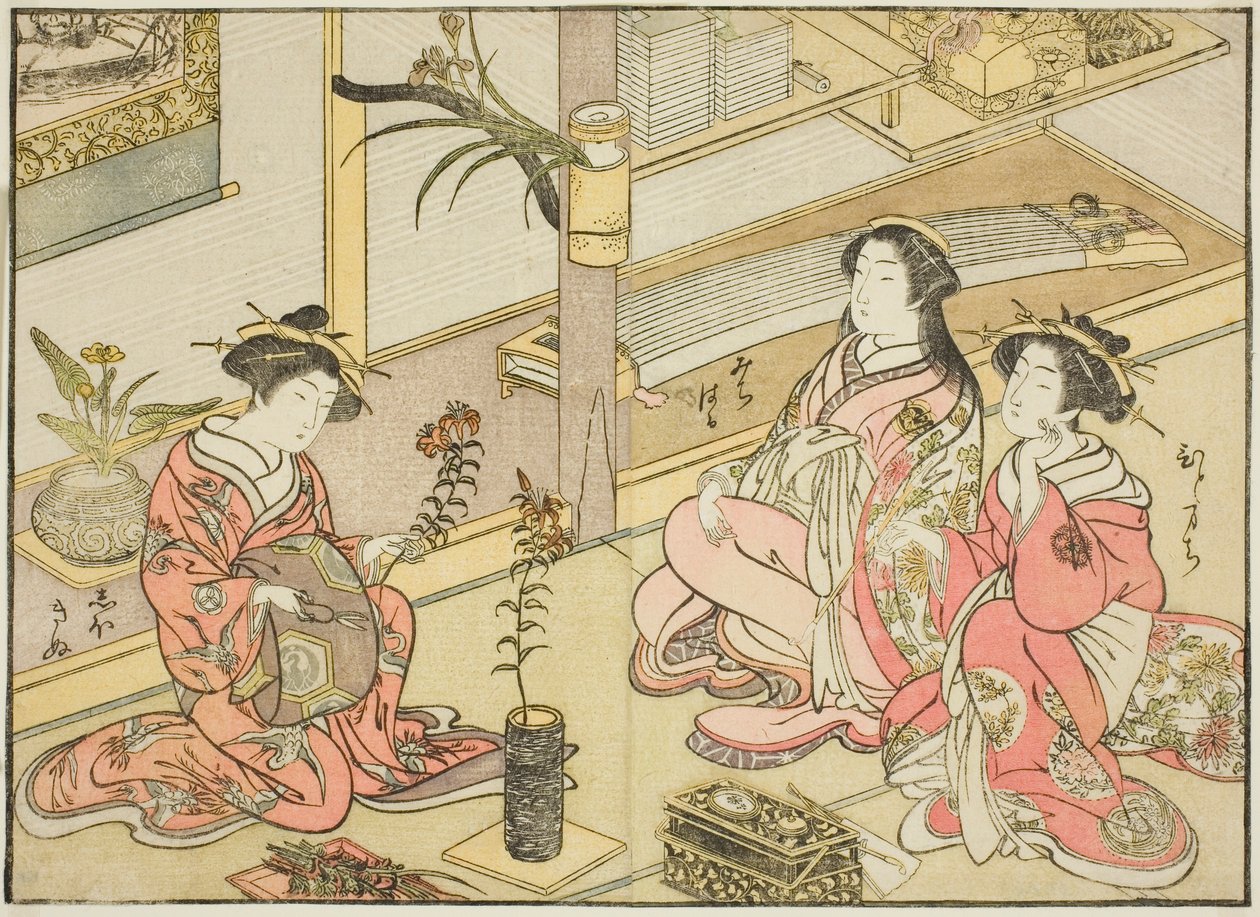Kurtyzany Kadotsutaya, z książki „Zwierciadło pięknych kobiet z dzielnic przyjemności (Seiro bijin awase sugata kagami),” tom. 1 autorstwa Katsukawa Shunsho