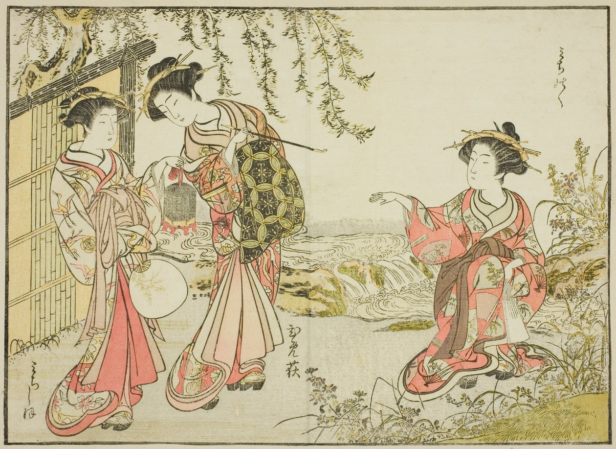 Kurtyzany Kadotsutaya, z książki „Zwierciadło pięknych kobiet z dzielnic przyjemności (Seiro bijin awase sugata kagami),” tom. 1 autorstwa Katsukawa Shunsho