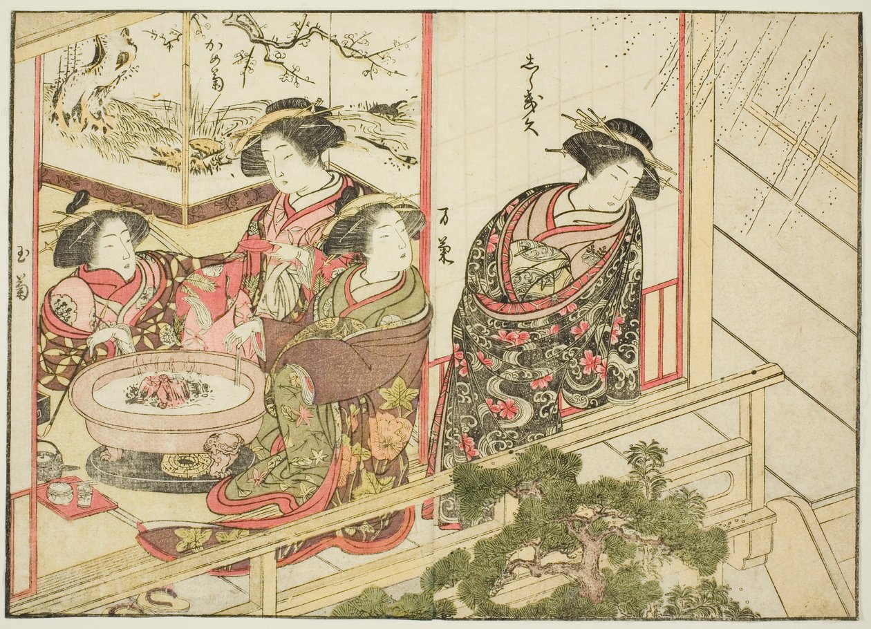 Kurtyzany z Kiribishiya, z książki „Zwierciadło pięknych kobiet z dzielnic przyjemności (Seiro bijin awase sugata kagami),” tom. 2 autorstwa Katsukawa Shunsho