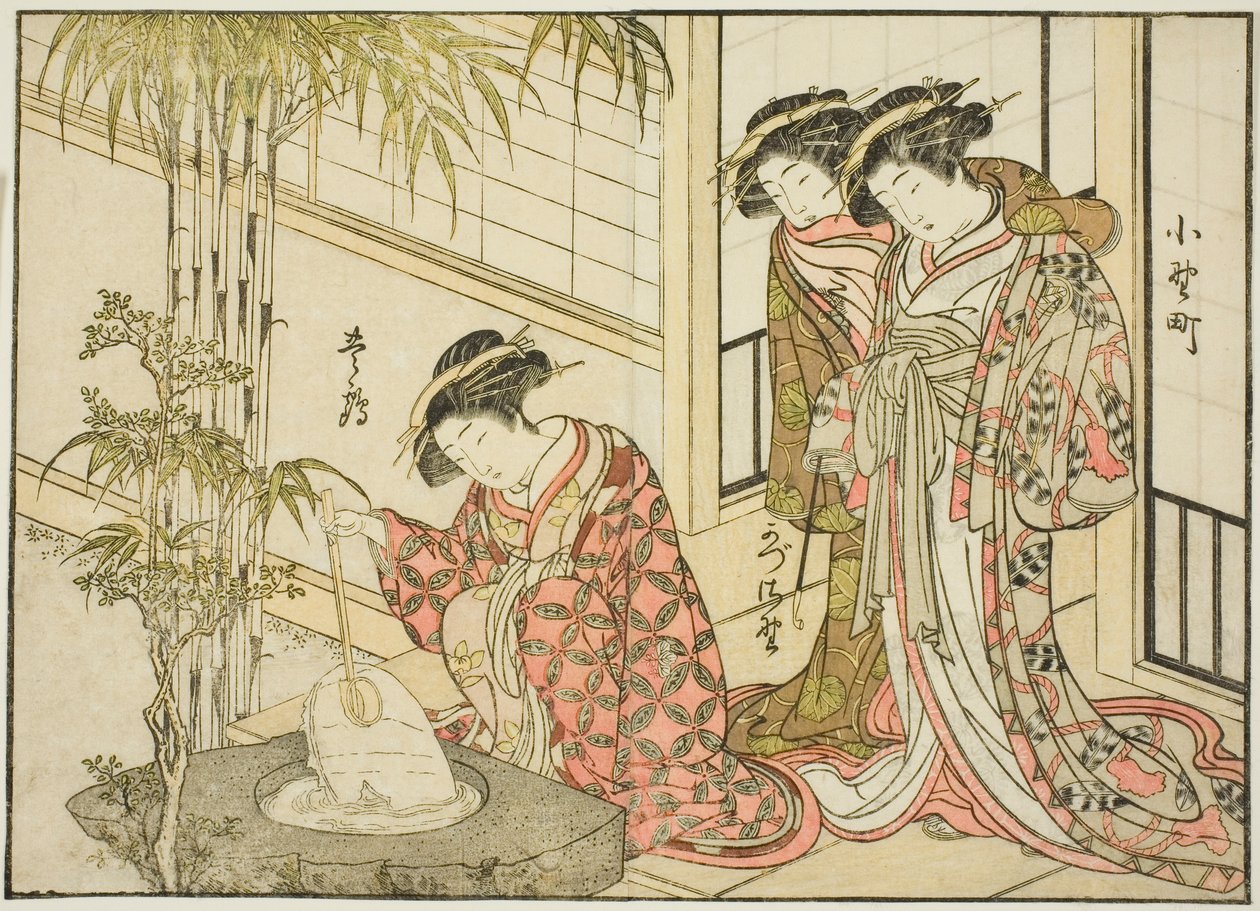 Kurtyzany Maruya, z książki „Zwierciadło pięknych kobiet Dzielnicy Przyjemności (Seiro bijin awase sugata kagami),” tom. 2 autorstwa Katsukawa Shunsho