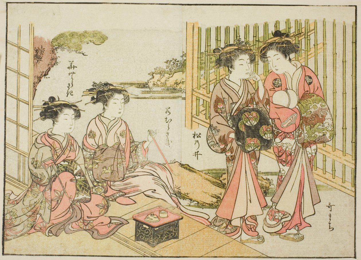 Kurtyzany Matsubaya, z książki „Zwierciadło pięknych kobiet z dzielnic przyjemności (Seiro bijin awase sugata kagami),” tom. 1 autorstwa Katsukawa Shunsho