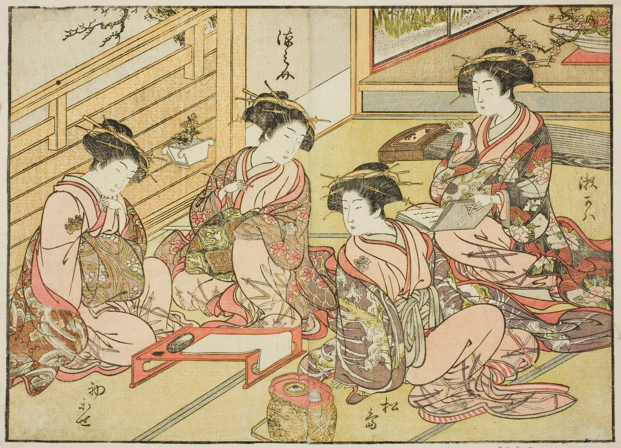 Kurtyzany Matsubaya, z książki „Zwierciadło pięknych kobiet z dzielnic przyjemności (Seiro bijin awase sugata kagami),” tom. 1 autorstwa Katsukawa Shunsho