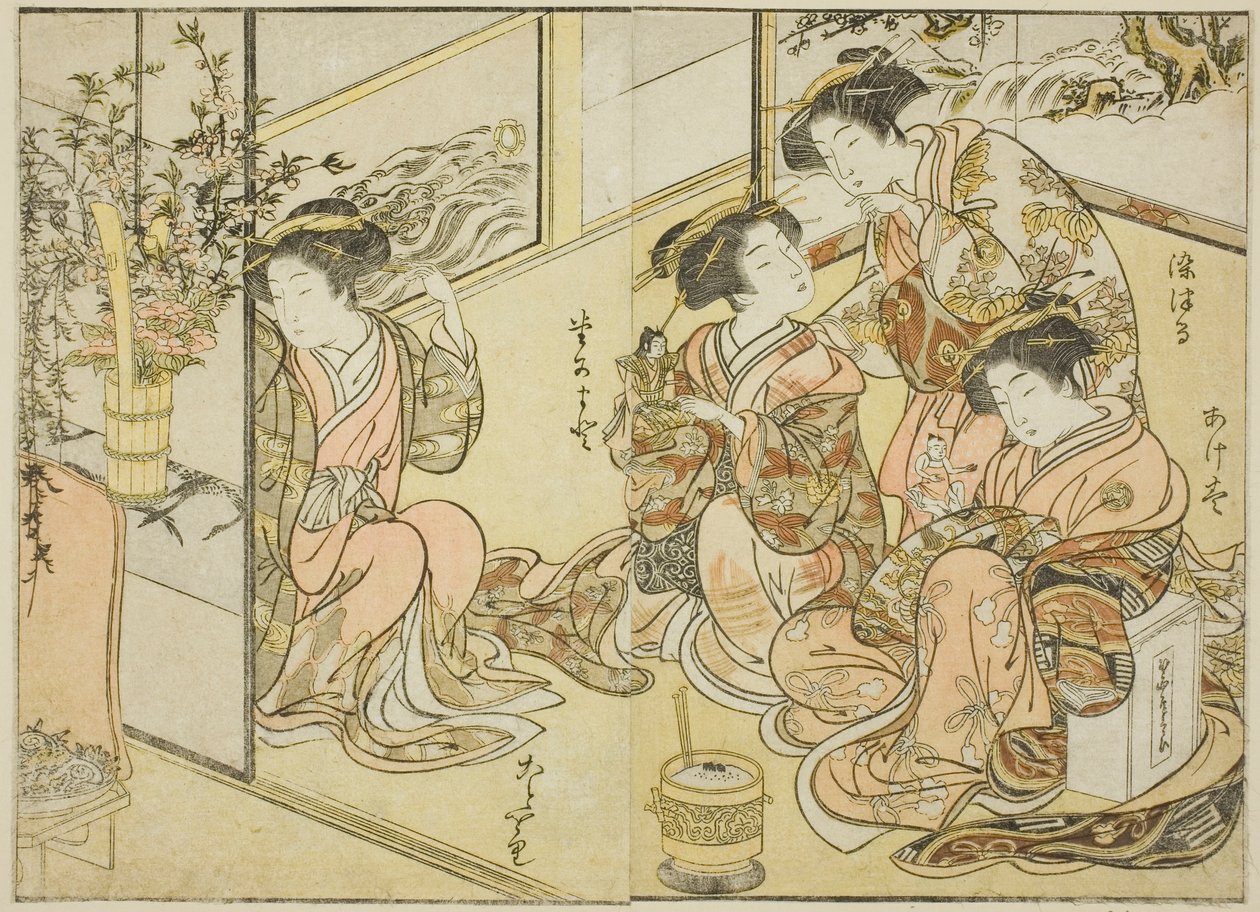 Kurtyzany Matsuneya, z książki „Zwierciadło pięknych kobiet Dzielnicy Przyjemności (Seiro bijin awase sugata kagami),” tom. 1 autorstwa Katsukawa Shunsho