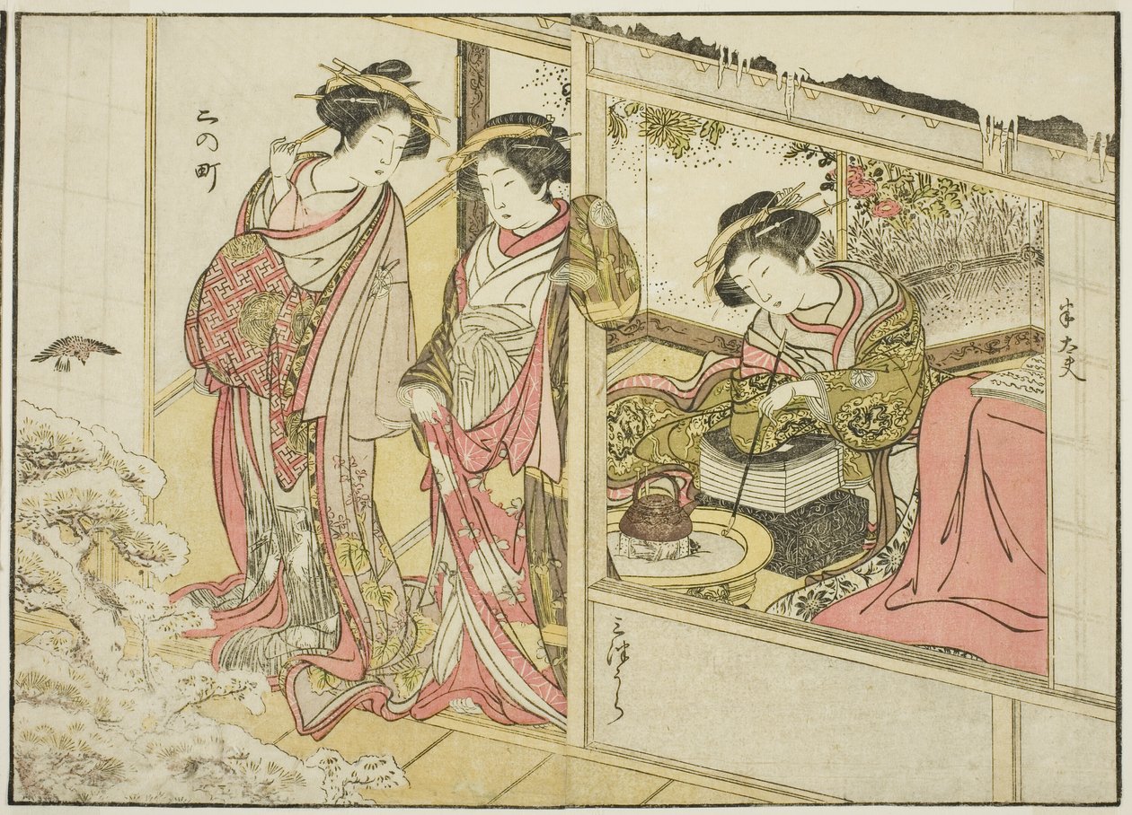 Kurtyzany Nakaomiya, z książki „Zwierciadło pięknych kobiet z dzielnic przyjemności (Seiro bijin awase sugata kagami),” tom. 2 autorstwa Katsukawa Shunsho