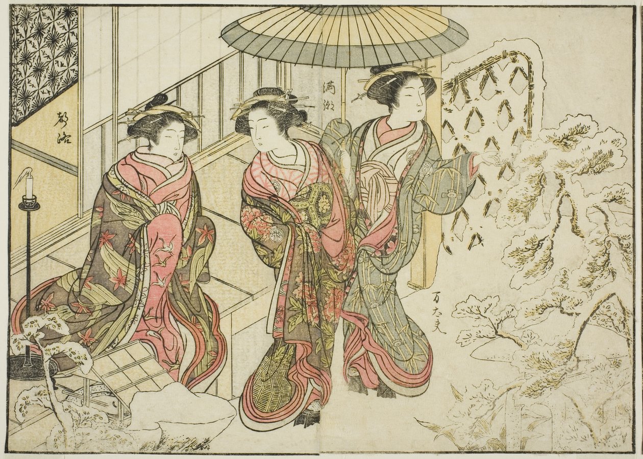 Kurtyzany Nakaomiya, z książki „Zwierciadło pięknych kobiet z dzielnic przyjemności (Seiro bijin awase sugata kagami),” tom. 2 autorstwa Katsukawa Shunsho