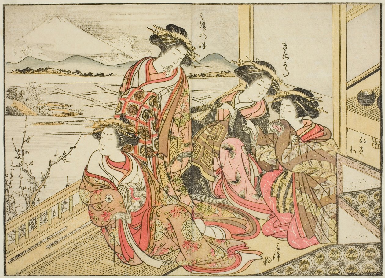 Kurtyzany Obishiya, z książki „Zwierciadło pięknych kobiet z dzielnic przyjemności (Seiro bijin awase sugata kagami),” tom. 2 autorstwa Katsukawa Shunsho