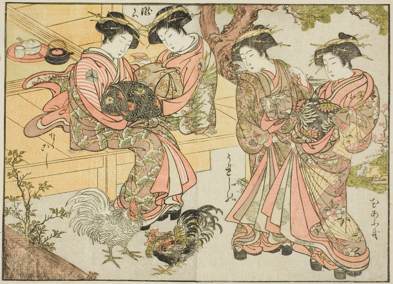 Kurtyzany Ogiyi, z książki „Zwierciadło pięknych kobiet Dzielnicy Przyjemności (Seiro bijin awase sugata kagami),” tom. 1 autorstwa Katsukawa Shunsho