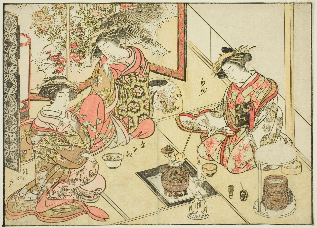 Kurtyzany Okaneya, z książki „Zwierciadło pięknych kobiet z dzielnic przyjemności (Seiro bijin awase sugata kagami),” tom. 2 autorstwa Katsukawa Shunsho
