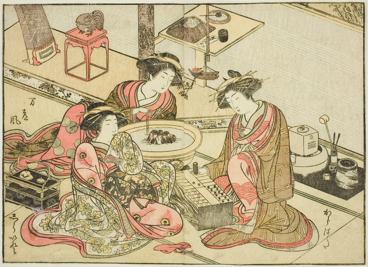 Kurtyzany Yamashiroya, z książki „Zwierciadło pięknych kobiet z dzielnic przyjemności (Seiro bijin awase sugata kagami),” tom. 2 autorstwa Katsukawa Shunsho