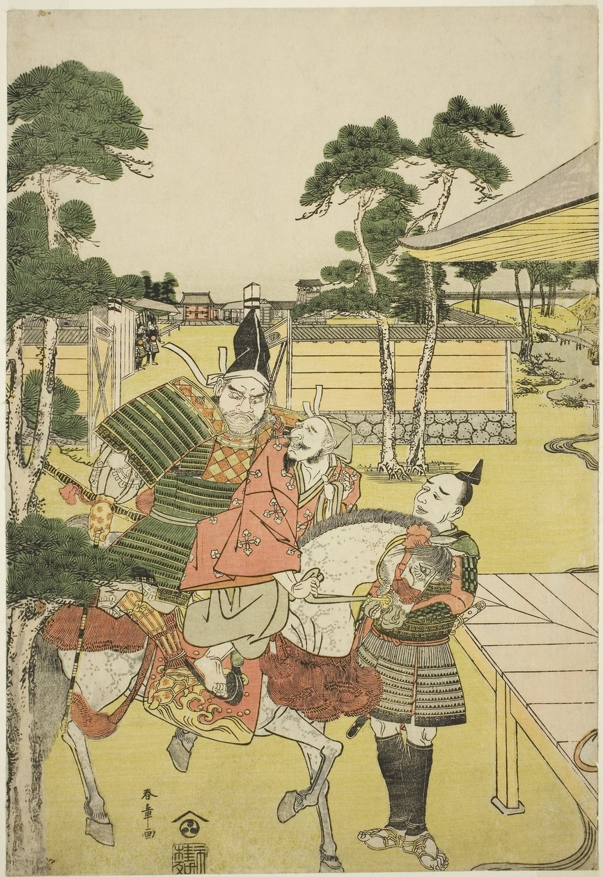 Musashibo Research B Rings Tee Katsured oraz Sabo Shoshun i Yoshitsune In Tee Pay Horikawa Yochi no Zukie Nimaizuki, ok. 1782 (druk Kor wo dback; Oban) autorstwa Katsukawa Shunsho