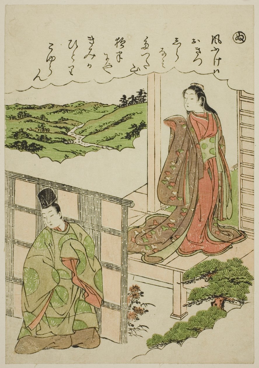 "Nu": Crossing Tatsuta, z serii "Tales of Ise in Fashionable Brocade Pictures (Furyu nishiki-e Ise monogatari)" autorstwa Katsukawa Shunsho