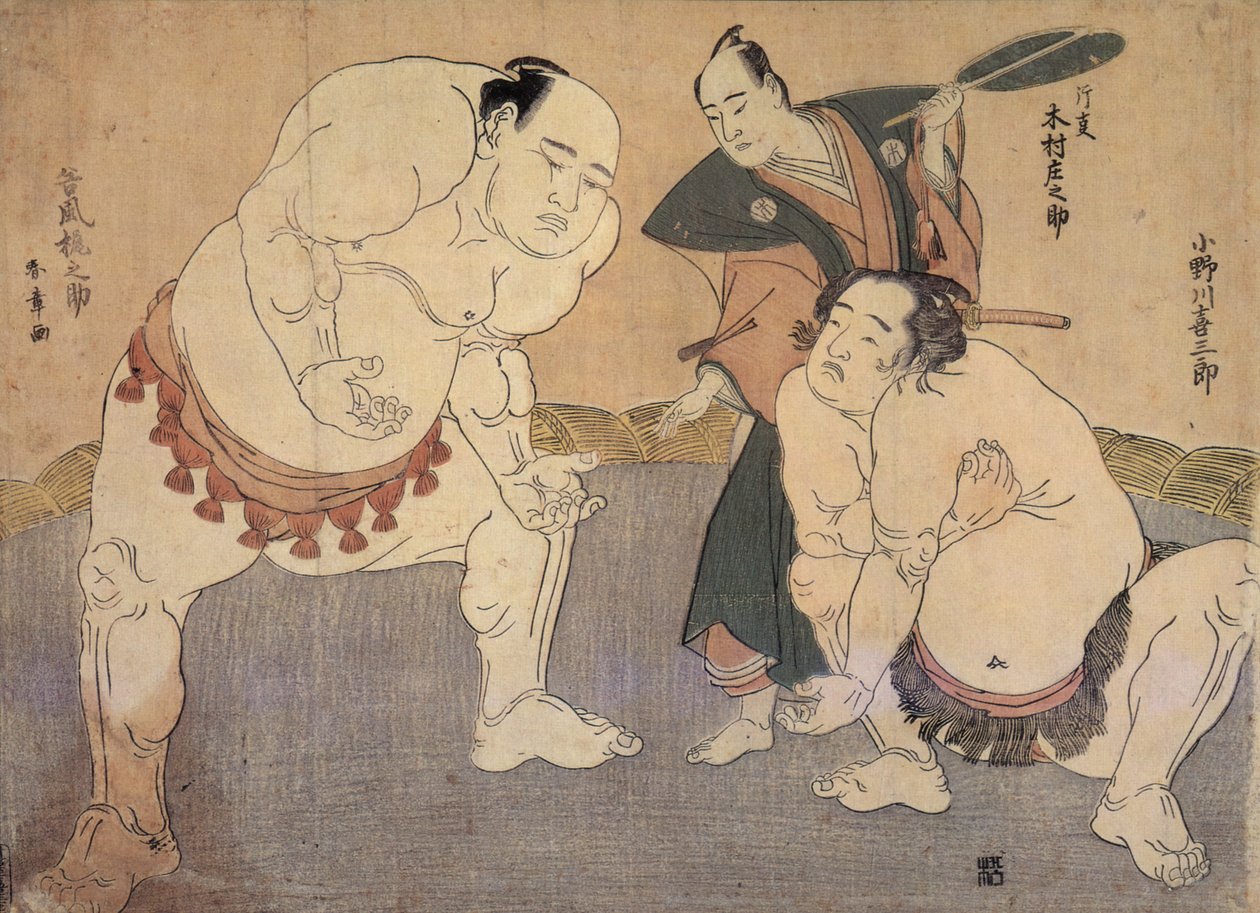 Onagawa Kisaburo i Tanikaze Kajinosuke wykonują Shiriki w Dohyo, sędziuje Kimura Shonosuke autorstwa Katsukawa Shunsho