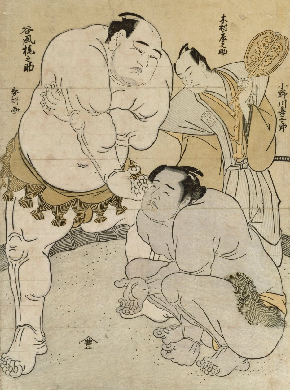 Pre parathion s fore tch beto een Onagawa Uki Saburo draft d Tanikaze Kajinosuke, sędzia Kimura Shosuke autorstwa Katsukawa Shunsho