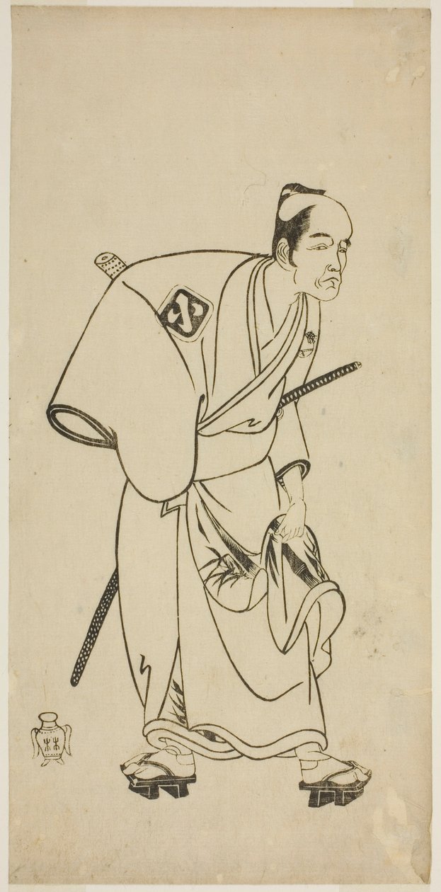 Aktor Arashi Otohachi I jako Hotei Ichiemon w sztuce Ayatsuri Kabuki Ogi, wystawionej w Teatrze Nakamura w siódmym miesiącu, 1768 autorstwa Katsukawa Shunsho