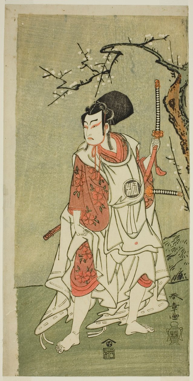 Aktor Arashi Sangoro II jako Sakura-maru w sztuce Sugawara Denju Tenarai Kagami, wystawionej w Teatrze Ichimura w pierwszym miesiącu, 1772 autorstwa Katsukawa Shunsho