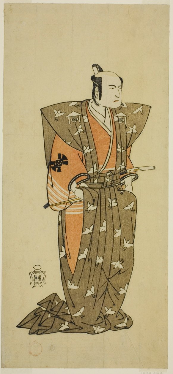 Aktor Bando Mitsugoro I jako Soga no Juro Sukenari (?) w sztuce Shuen Soga Omugaeshi (?), wystawiony w Teatrze Ichimura (?) w drugim miesiącu, 1768 (?) autorstwa Katsukawa Shunsho
