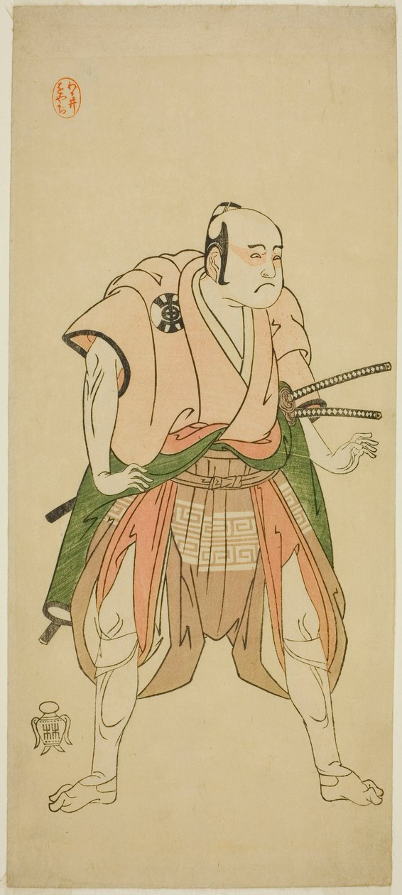 Aktor Bando Sampachi I jako Yawata no Saburo (?) w sztuce Shuen Soga Omugaeshi (?), wystawiony w Teatrze Ichimura (?) w drugim miesiącu, 1768 (?) autorstwa Katsukawa Shunsho