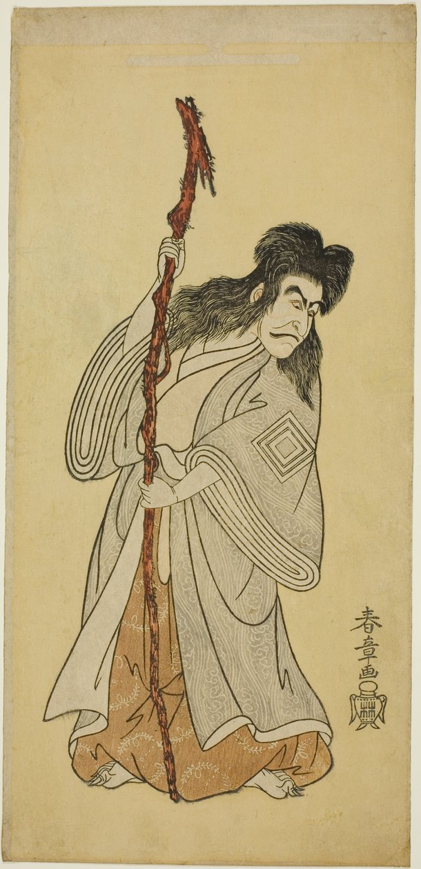 Aktor Ichikawa Danjuro IV, prawdopodobnie jako Tenjiku Tokubei w sztuce „Tenjiku Tokubei odwraca hełm ku domowi (Tenjiku Tokubei Kokyo no Torikaji),” wystawionej w teatrze Nakamura w ósmym miesiącu 1768 r. autorstwa Katsukawa Shunsho