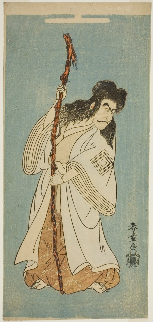 Aktor Ichikawa Danjuro IV, prawdopodobnie jako Tenjiku Tokubei w sztuce „Tenjiku Tokubei odwraca ster w stronę domu (Tenjiku Tokubei Kokyo no Torikaji),” wystawionej w Teatrze Nakamura w ósmym miesiącu 1768 r. autorstwa Katsukawa Shunsho