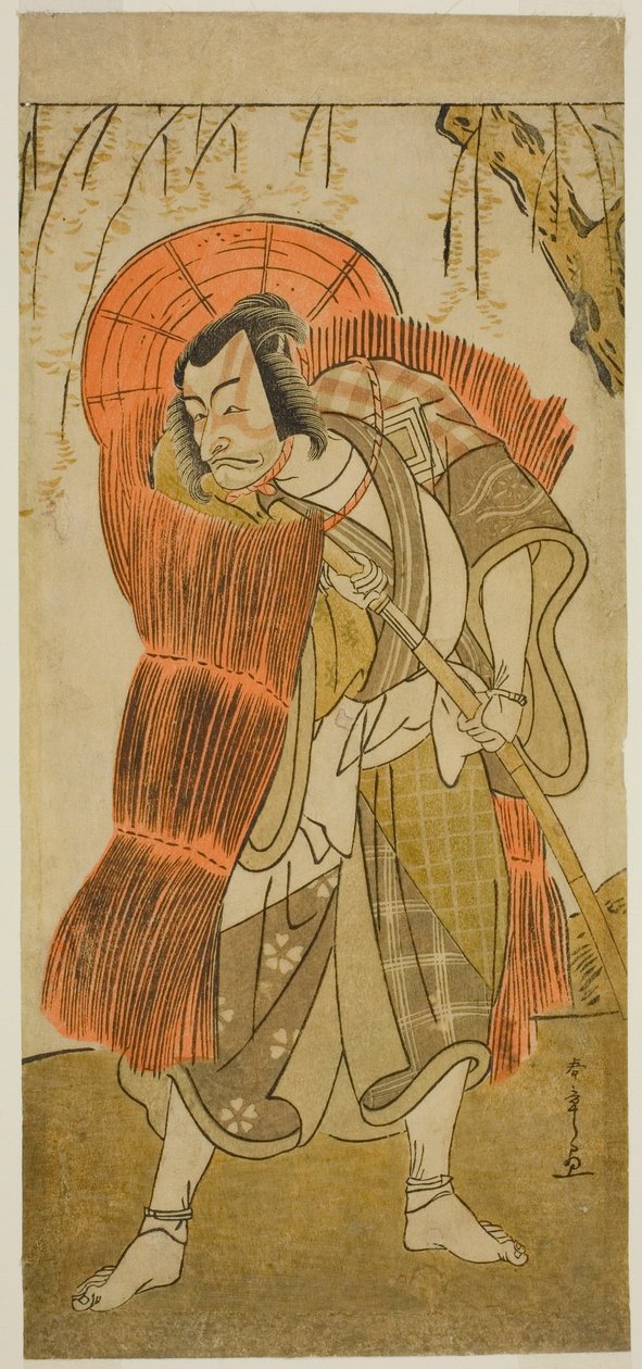 Aktor Ichikawa Danjuro V jako Akushichibyoe Kagekiyo przebrany za żebraka w sztuce Tsukisenu Haru Hagoromo Soga, wystawionej w teatrze Ichimura w trzecim miesiącu 1777 autorstwa Katsukawa Shunsho