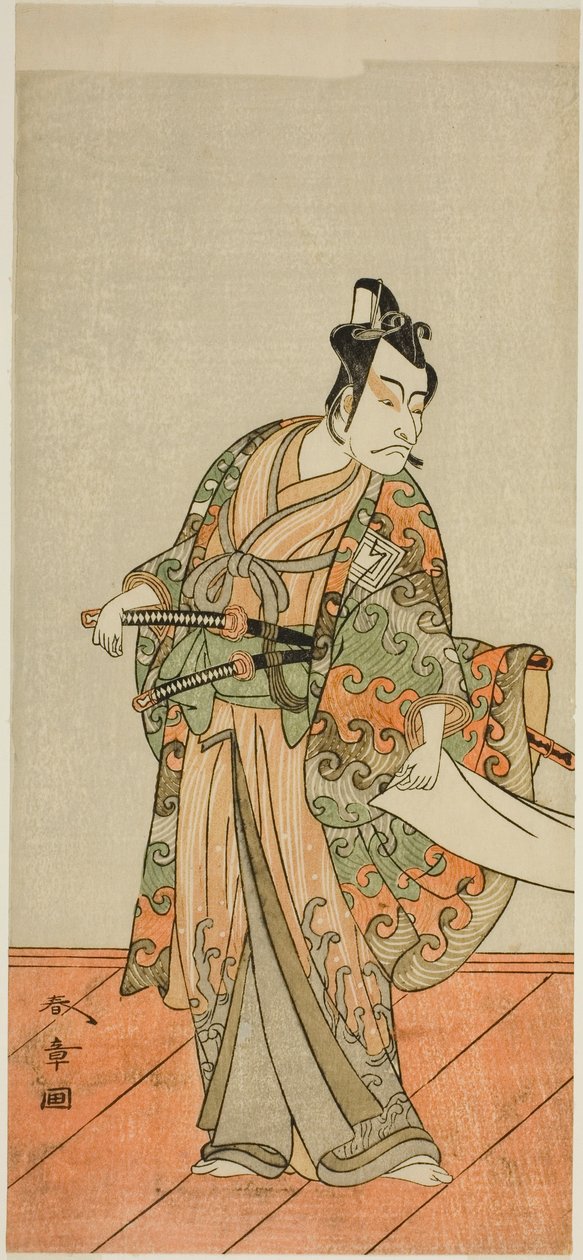 Aktor Ichikawa Danjuro V jako Kudo Kanaishi (?) w sztuce Izu-goyomi Shibai no Ganjitsu (?), wystawiony w Teatrze Morita (?) w jedenastym miesiącu 1772 (?) autorstwa Katsukawa Shunsho