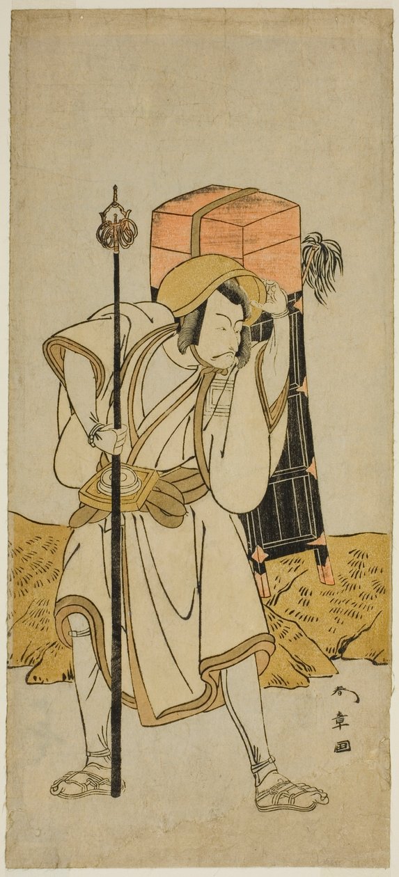 Aktor Ichikawa Danjuro V jako Moriya no Daijin przebrany za Rokuju-rokubu w sztuce Miya-bashira Iwao no Butai, wystawionej w Teatrze Morita w siódmym miesiącu 1773 autorstwa Katsukawa Shunsho