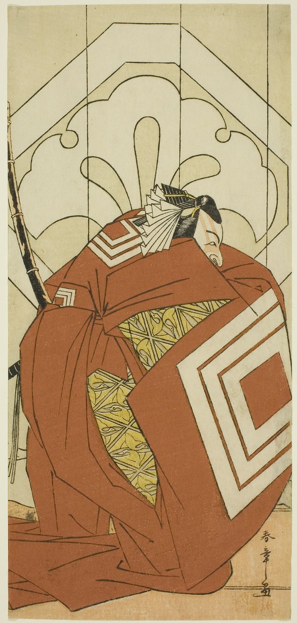 Aktor Ichikawa Danjuro V w roli "Shibaraku", prawdopodobnie jako Kato Hyoeisa Shigemitsu, w trzeciej scenie sztuki Masakado Kammuri no Hatsuyuki (Pierwszy śnieg na nakryciu głowy Taira no Masakado), wystawianej w teatrze Nakamura w jedenastym roku po wojni autorstwa Katsukawa Shunsho
