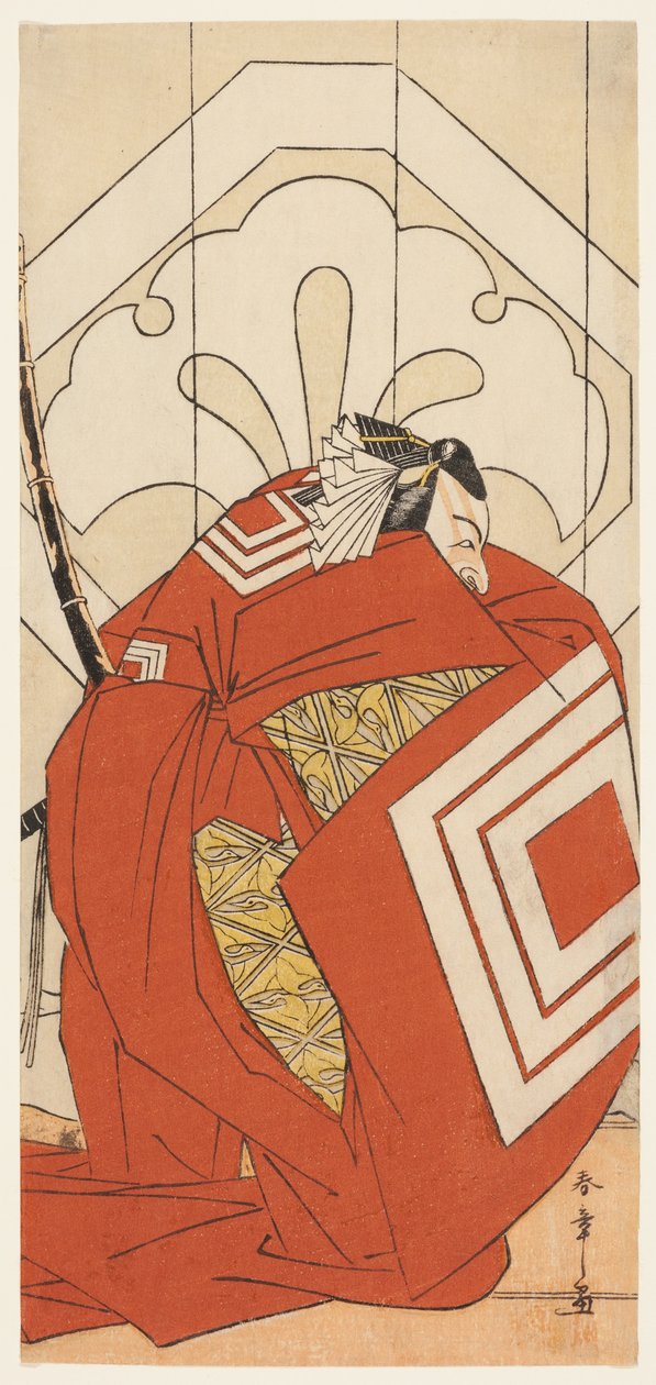 Aktor Ichikawa Danjuro V w roli "Shibaraku", prawdopodobnie jako Kato Hyoeisa Shigemitsu, w trzeciej scenie sztuki Masakado Kammuri no Hatsuyuki (Pierwszy śnieg na nakryciu głowy Taira no Masakado), wystawianej w teatrze Nakamura w jedenastym roku po wojni autorstwa Katsukawa Shunsho