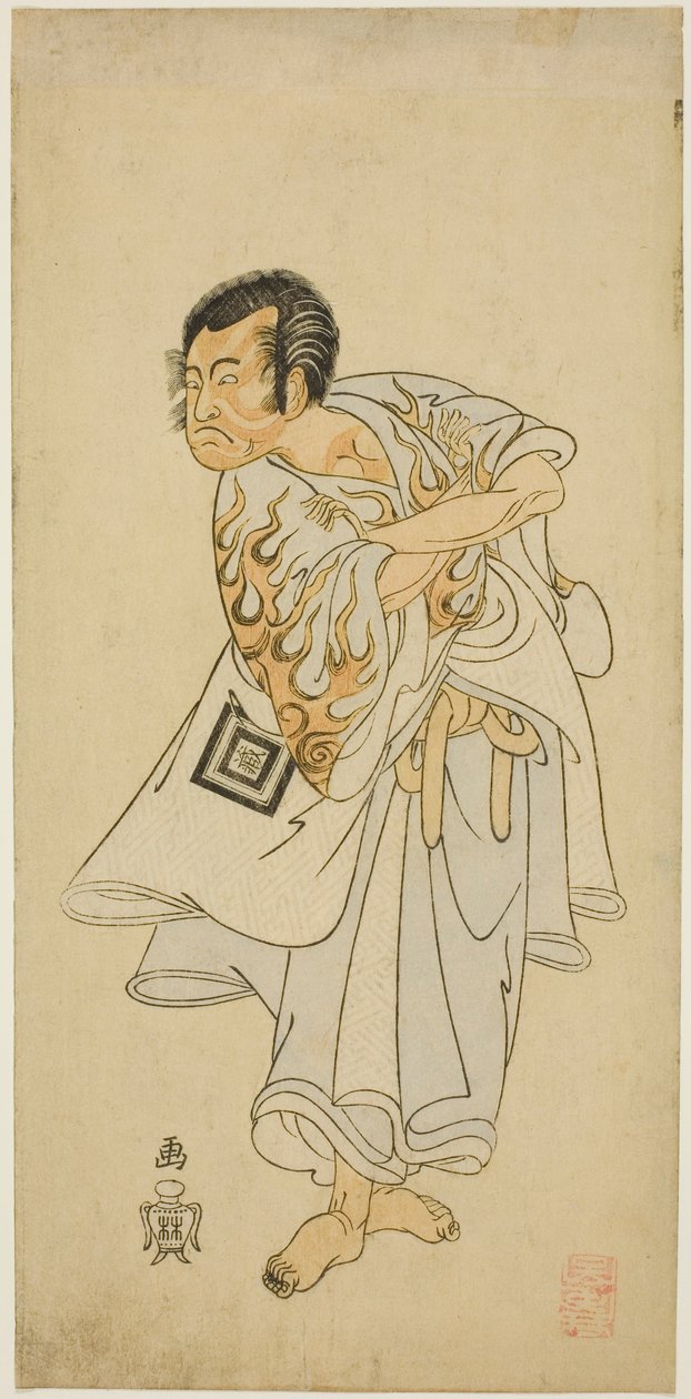 Aktor Ichikawa Danzo III jako święty pustelnik Narukami w sztuce „Narukami”, wystąpił z „Miyakodori Azuma Komachi (Ptak stolicy: Komachi ze Wschodu)” w Teatrze Morita w trzecim miesiącu 1768 r. autorstwa Katsukawa Shunsho