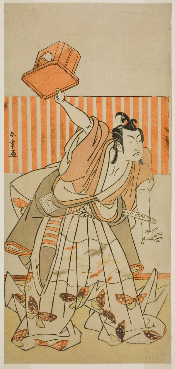 Aktor Ichikawa Monnosuke II jako Ageha no Chokichi przebrany za Soga no Goro Tokimune w sztuce Kaido Ichi Yawaragi Soga, wystawionej w Teatrze Nakamura w trzecim miesiącu 1778 autorstwa Katsukawa Shunsho