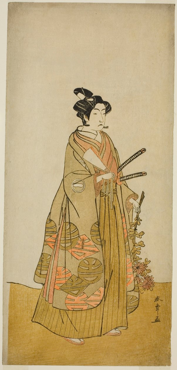 Aktor Ichikawa Monnosuke II jako Kichisaburo, Temple Page of Kichijo-ji, w sztuce Sono Kyodai Fuji no Sugatami, wystawionej w Teatrze Morita w drugim miesiącu, 1776 autorstwa Katsukawa Shunsho