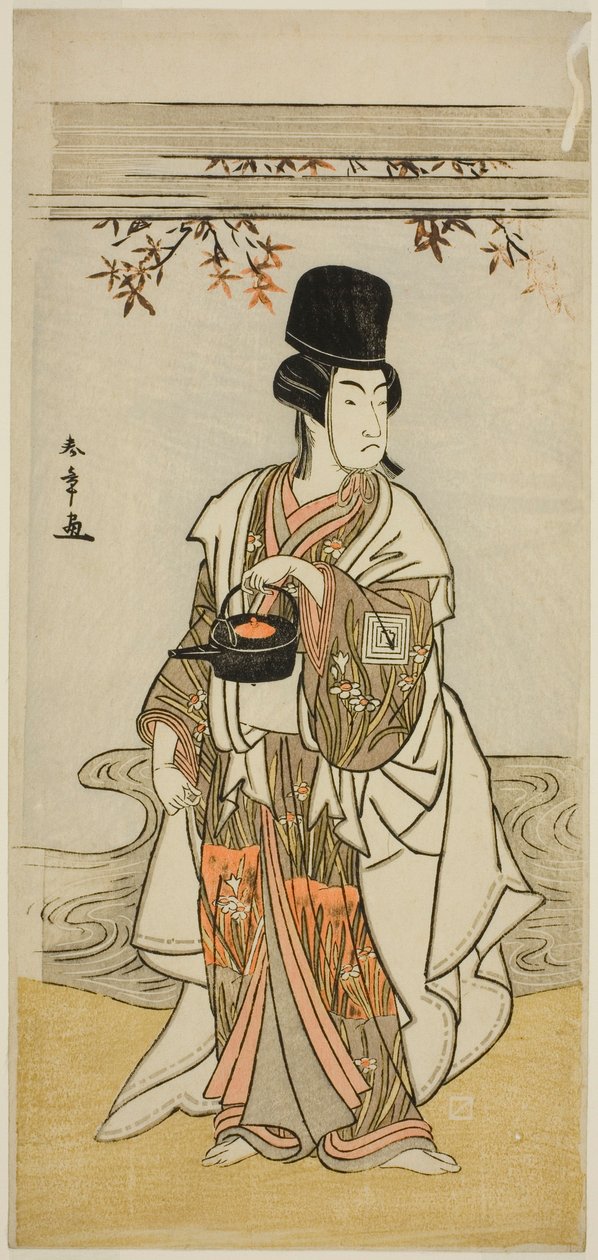 Aktor Ichikawa Monnosuke II jako sługa dworski Shoheida Sadamori w sztuce Masakado Kammuri no Hatsuyuki, wystawionej w Teatrze Nakamura w jedenastym miesiącu, 1777 autorstwa Katsukawa Shunsho