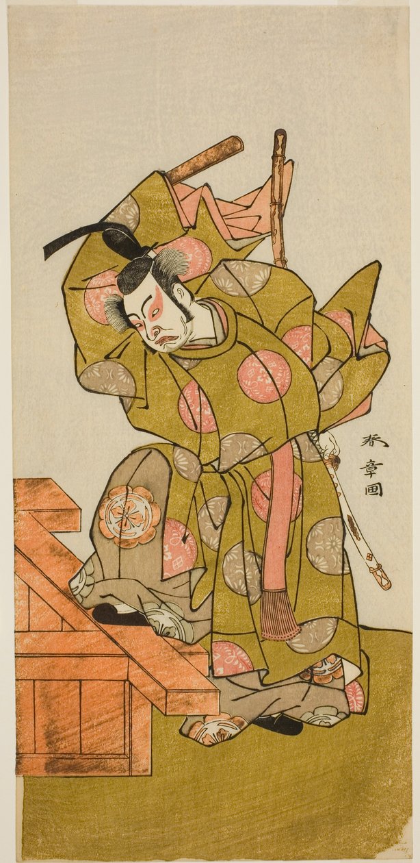 W towarzystwie Uzaemona Ichimury, doktora X Jako asystenta czarnego mistrza Te Pay Czarny mistrz kwiatów i śniegu w formie występu w Tee Ichimura Gate th, 1776 autorstwa Katsukawa Shunsho