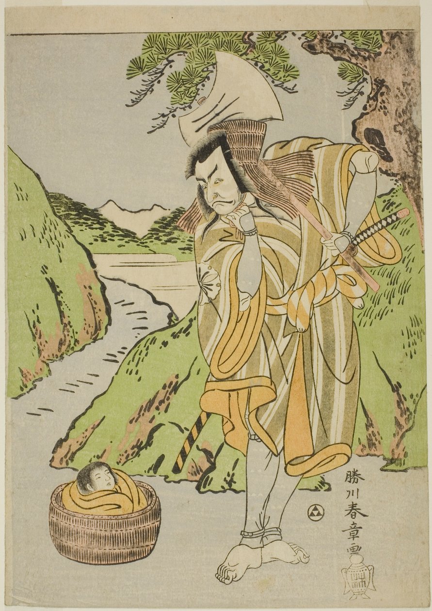 Aktor Matsumoto Koshiro II jako Osada no Taro Kagemune przebrany za drwala Gankutsu no Gorozo, w czwartym akcie (?) sztuki Nue no Mori Ichiyo no Mato (Las potwora Nue: cel jedenastego miesiąca), wystawiony na Teatr Nakamura autorstwa Katsukawa Shunsho