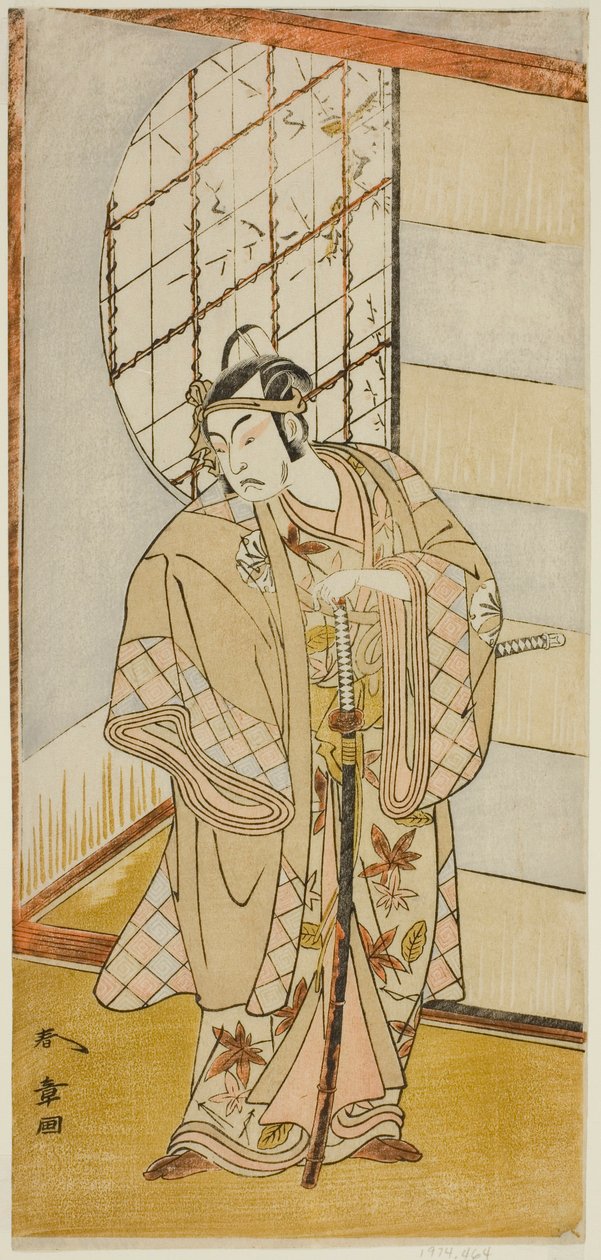 Aktor Matsumoto Koshiro IV jako Matsuo-maru w sztuce Sugawara Denju Tenarai Kagami, wystawionej w Teatrze Nakamura w dziewiątym miesiącu, 1773 autorstwa Katsukawa Shunsho
