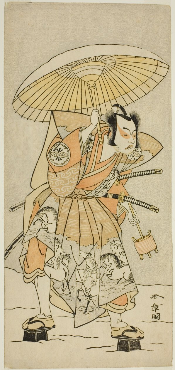 Aktor Nakamura Juzo II jako Kajiwara Genta Kagetoki w sztuce Izu-goyomi Shibai no Ganjitsu, wystawionej w Teatrze Morita w jedenastym miesiącu, 1772 autorstwa Katsukawa Shunsho