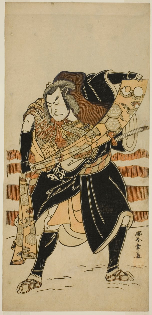 Aktor Nakamura Nakazo I jako Abe no Sadato (?) w przedstawieniu Nishiki Tsui no Yumitori (?), wystawiony w Teatrze Morita (?) w jedenastym miesiącu 1778 (?) autorstwa Katsukawa Shunsho