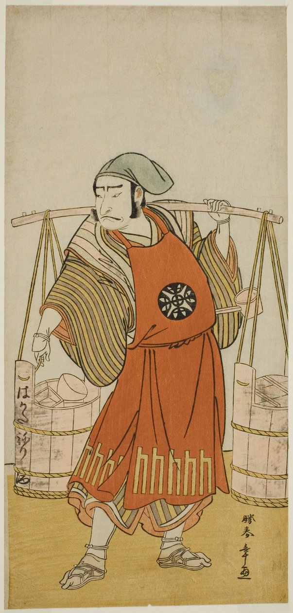 Aktor Nakamura Nakazo I jako Nagasaki Kageyuzaemon przebrany za Gorohachi the Sake Seller w sztuce Hikitsurete Yagoe Taiheiki, wystawionej w Teatrze Morita w jedenastym miesiącu 1776 autorstwa Katsukawa Shunsho
