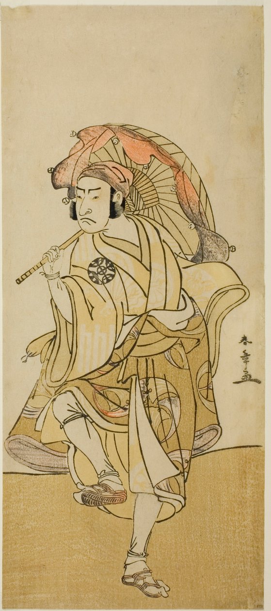 Aktor Nakamura Nakazo I jako Onmaya Kisanda przebrany za tancerza lwa Kakubei w sztuce Chigo Torii Tobiiri Kitsune, wystawionej w Teatrze Ichimura w jedenastym miesiącu 1777 autorstwa Katsukawa Shunsho