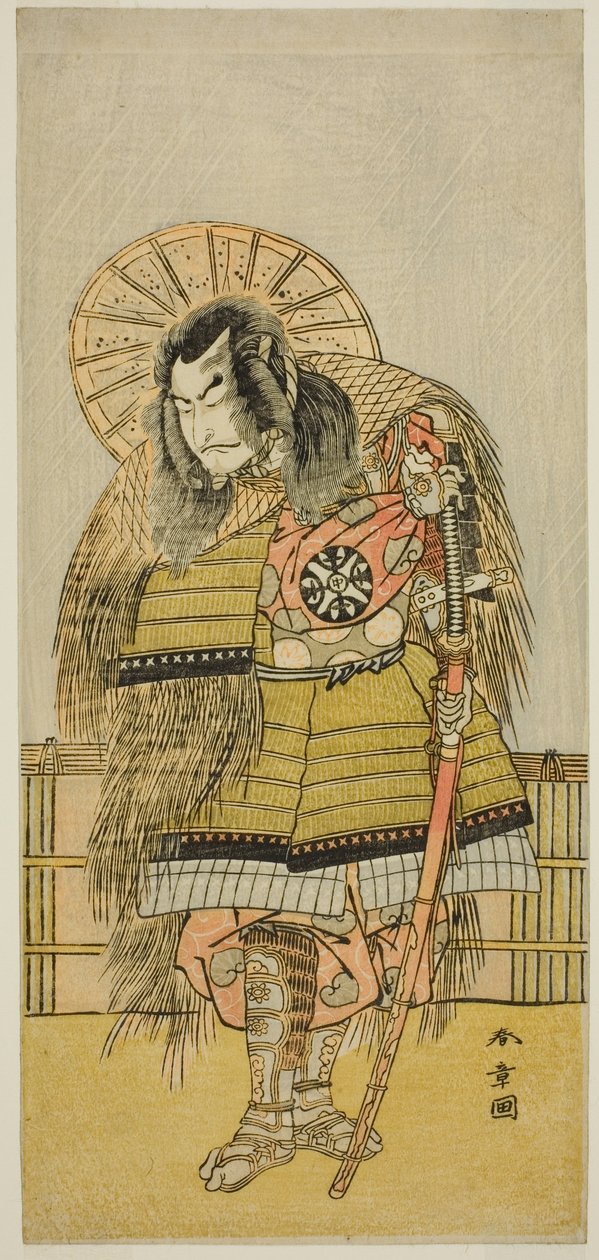 Nakamura Nakazo I jako Takechi Jubei Mitsuhide w sztuce Shusse Taiheiki, wystawionej w Teatrze Nakamura w ósmym miesiącu, autorstwa Katsukawa Shunsho