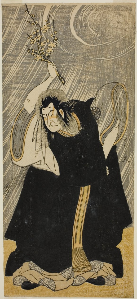 Aktor Nakamura Nakazo I jako bóg piorunów, wcielenie Kan Shojo, w sztuce „Sugawara Denju Tenarai Kagami”, wystawionej w Teatrze Morita w trzecim miesiącu 1780 r. autorstwa Katsukawa Shunsho