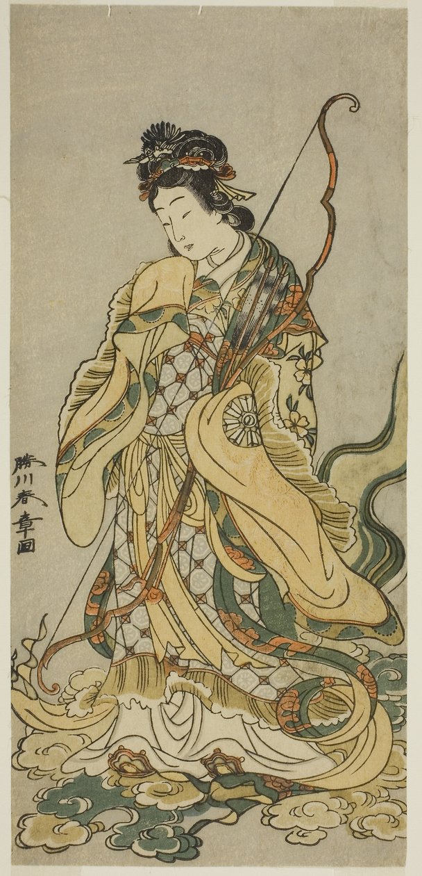 Aktor Nakamura Noshio I jako bogini Benzaiten z Enoshimy w sztuce Onno Aruji Hatsuyuki no Sekai, wystawiony w teatrze Morita w jedenastym miesiącu, ok. 1773 (kolorowy drzeworyt; hosoban) autorstwa Katsukawa Shunsho